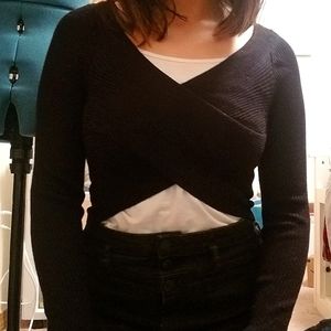 Black knit long-sleeved wrap shirt